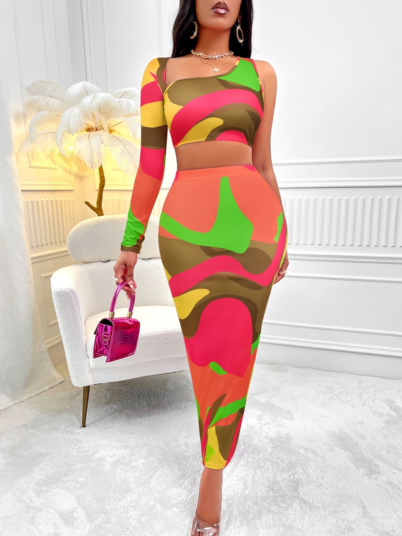 Kathleen – Asymmetrical One-Shoulder Skirt Set with Print