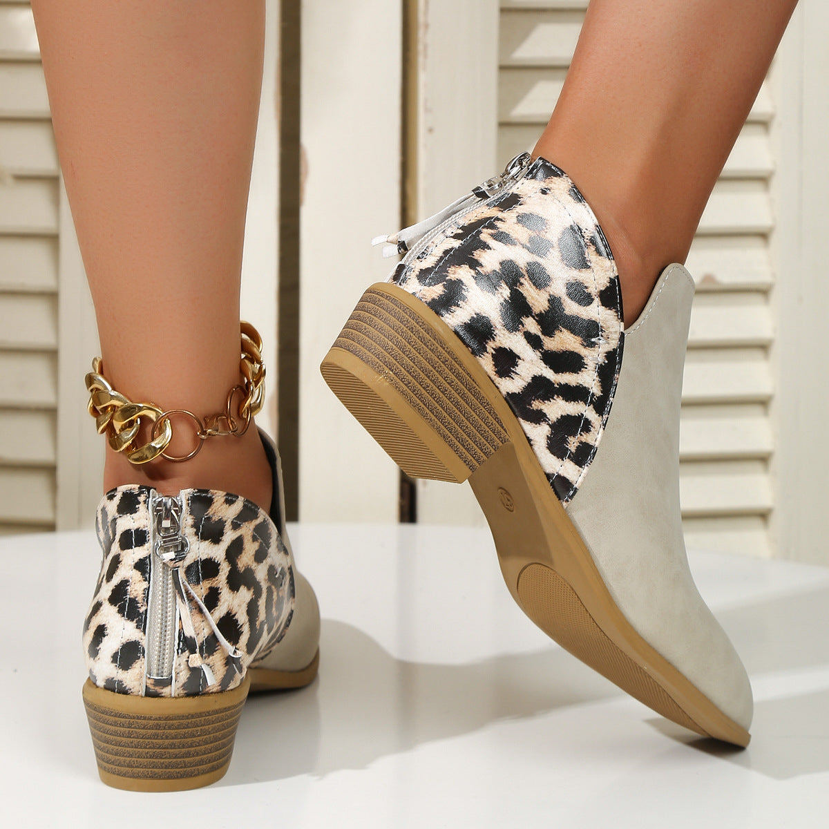 Ann – Fashionable Leopard Print Boots with Pointed Heel and Back Zipper