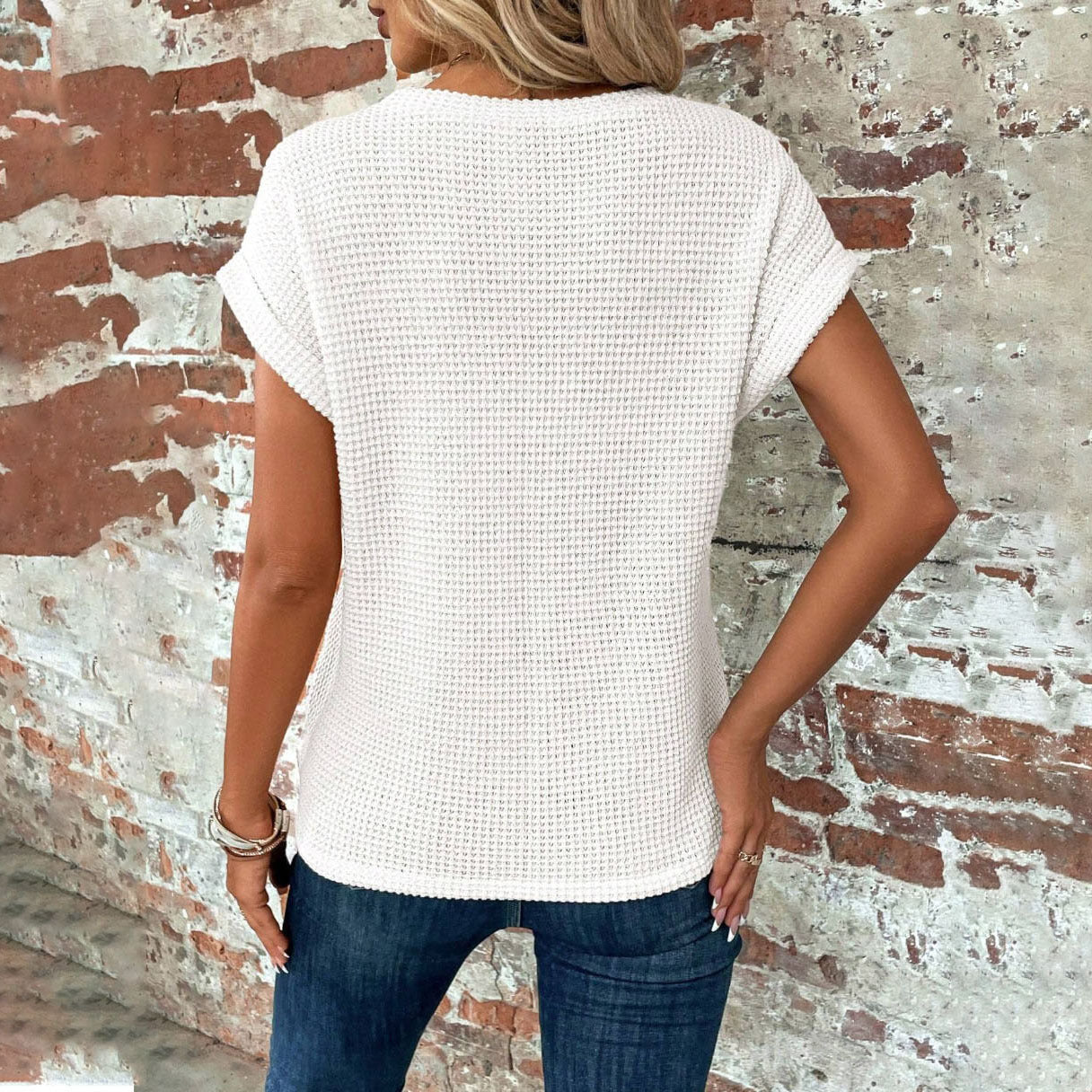 Katy – Short Sleeve Waffle Knit Shirt in Solid Colors