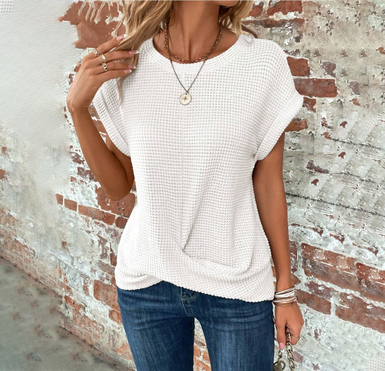 Katy – Short Sleeve Waffle Knit Shirt in Solid Colors