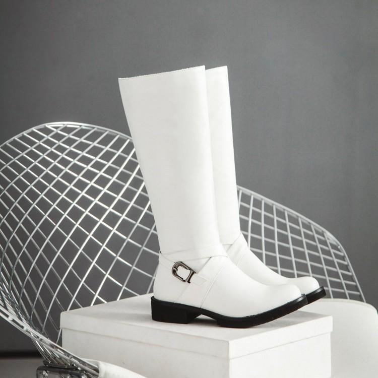 Catherine – Flat Knee-High Vegan Leather Boots with Buckle