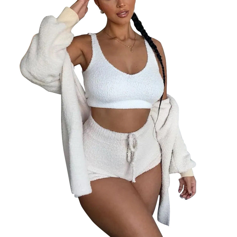 Lauren – Three-Piece Plush Set with Spaghetti Strap Top and Shorts
