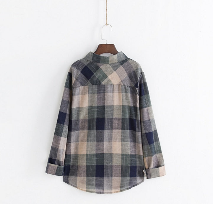 Natasha – Long Sleeve Cotton Blouse with Check Pattern