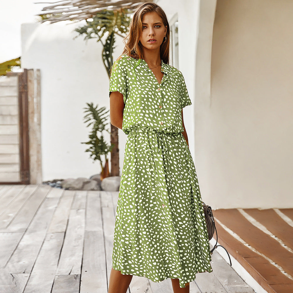 Sara – Short Women's Dress with Wave Dot Pattern and Collar