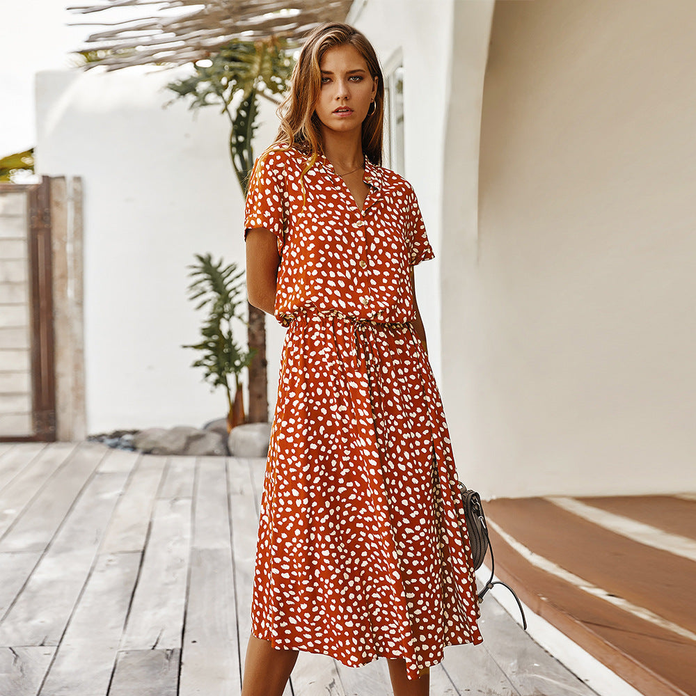Sara – Short Women's Dress with Wave Dot Pattern and Collar