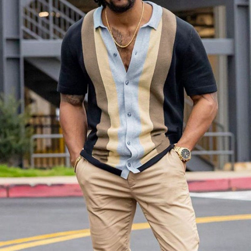 Steve – Striped Men's Casual Short Sleeve Knit Cardigan T-Shirt