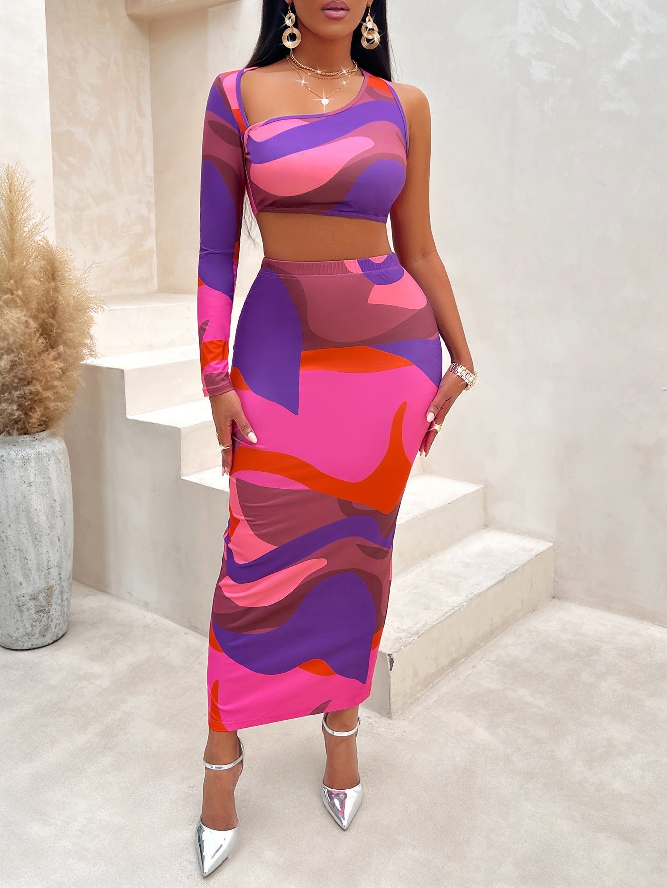 Kathleen – Asymmetrical One-Shoulder Skirt Set with Print