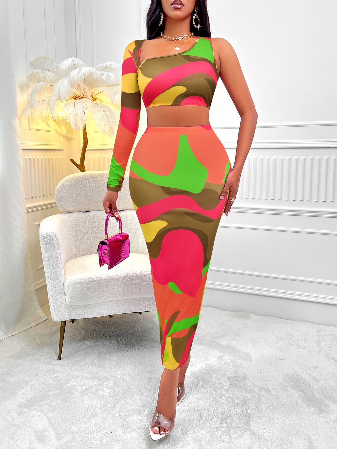 Kathleen – Asymmetrical One-Shoulder Skirt Set with Print