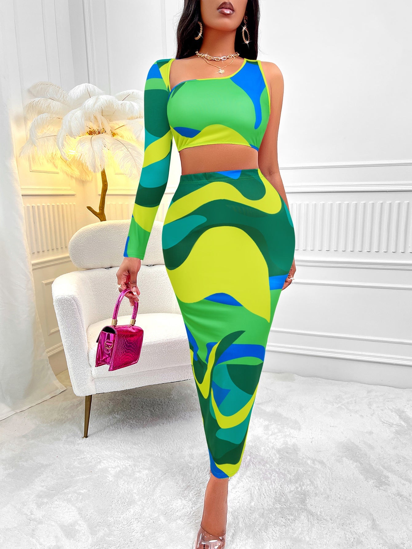 Kathleen – Asymmetrical One-Shoulder Skirt Set with Print