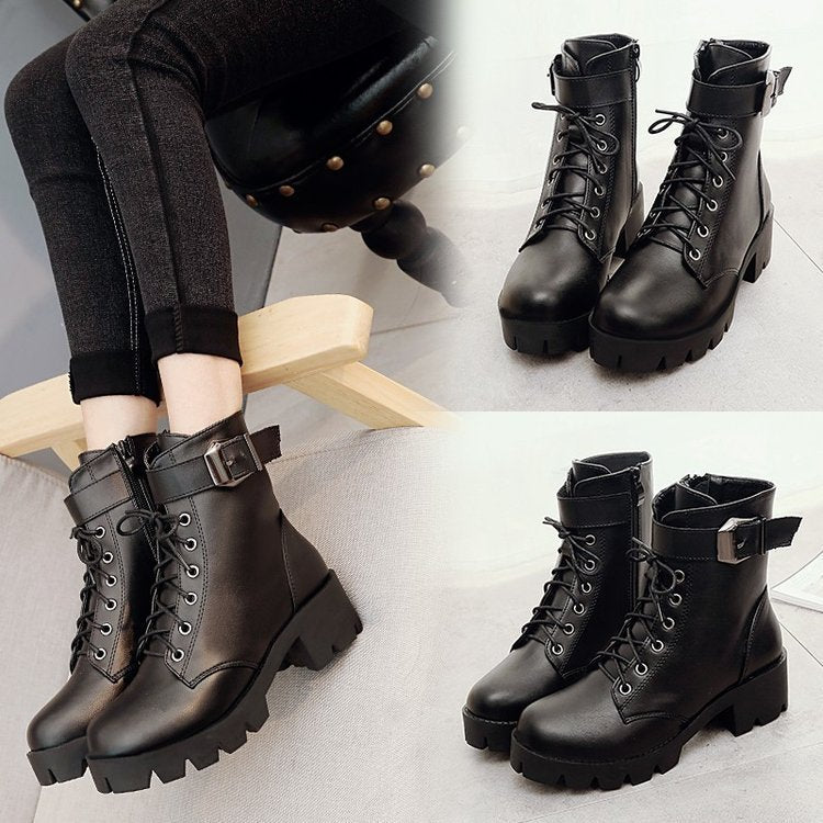 Jacqueline – Lace-Up Boots with Buckle and Thick Sole