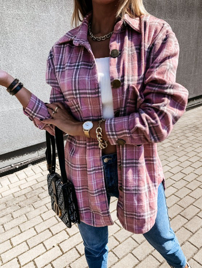 Catherine – Retro Plaid Long-Sleeve Shirt Jacket