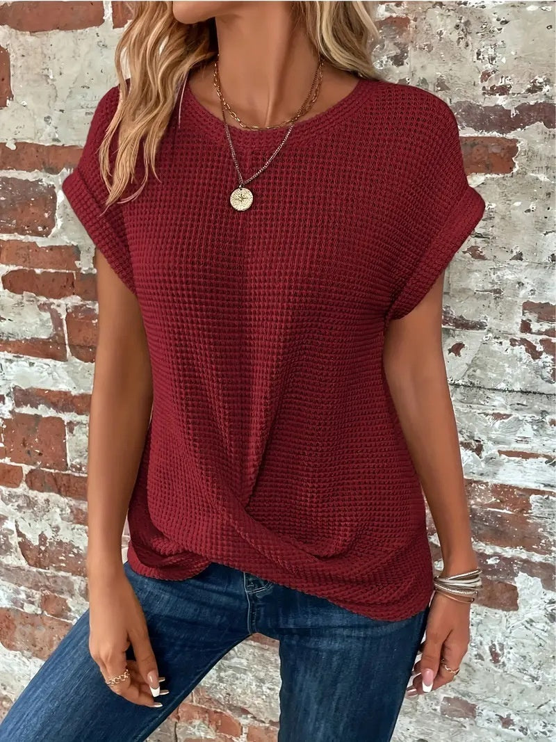 Katy – Short Sleeve Waffle Knit Shirt in Solid Colors