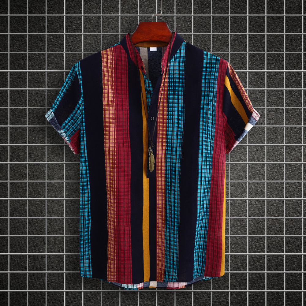 Robin – Ethnic Style Striped Cotton-Linen Shirt with Stand Collar and Short Sleeves