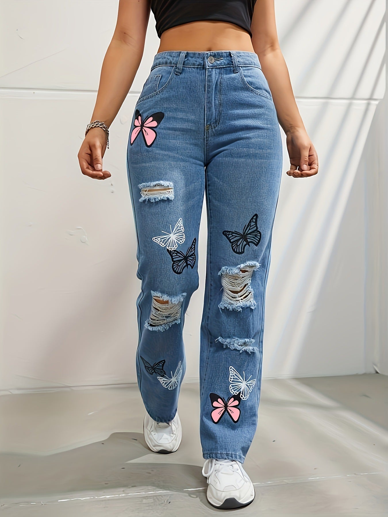 Lily – High-Waisted Jeans with Butterfly Print