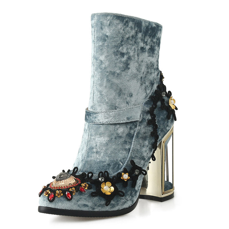 Amelia – Embroidered Women's Boots with Pearl Accents and Zipper