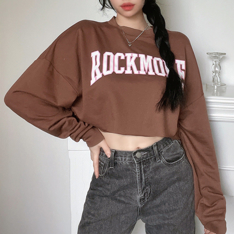 Kim – Harajuku Letter Printed Brown Short Sweatshirt