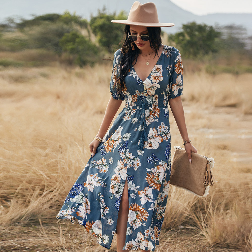 Angela – Floral Summer Beach Dress with V-Neck and Elastic Waist