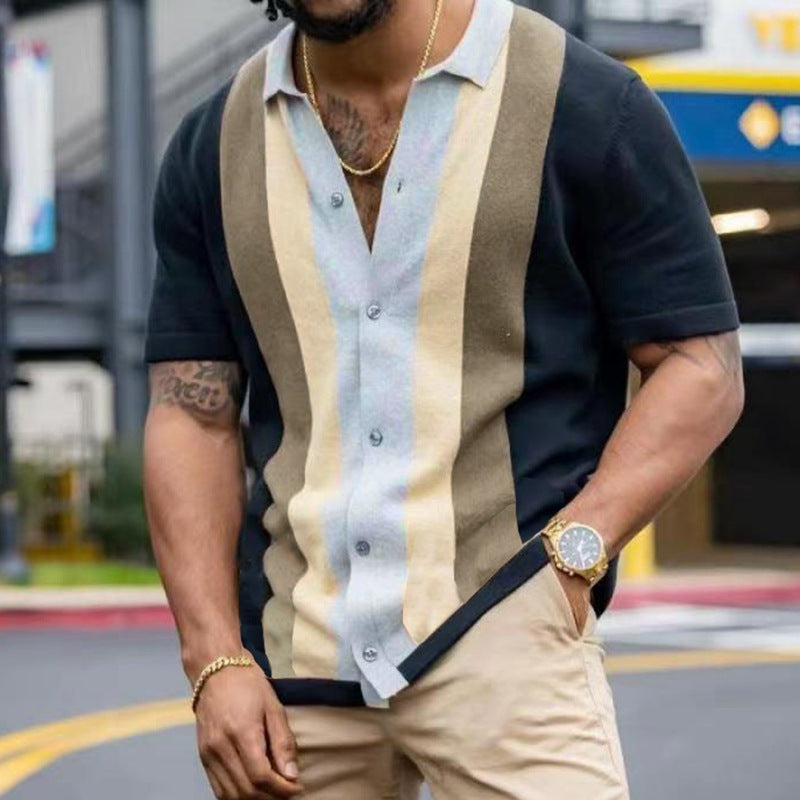 Steve – Striped Men's Casual Short Sleeve Knit Cardigan T-Shirt