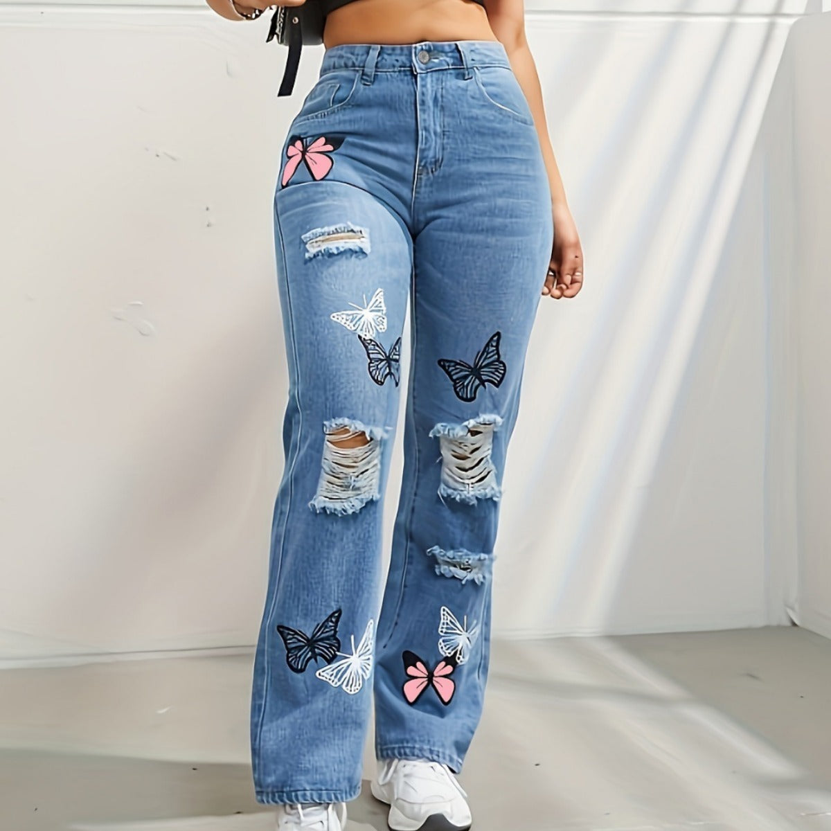 Lily – High-Waisted Jeans with Butterfly Print