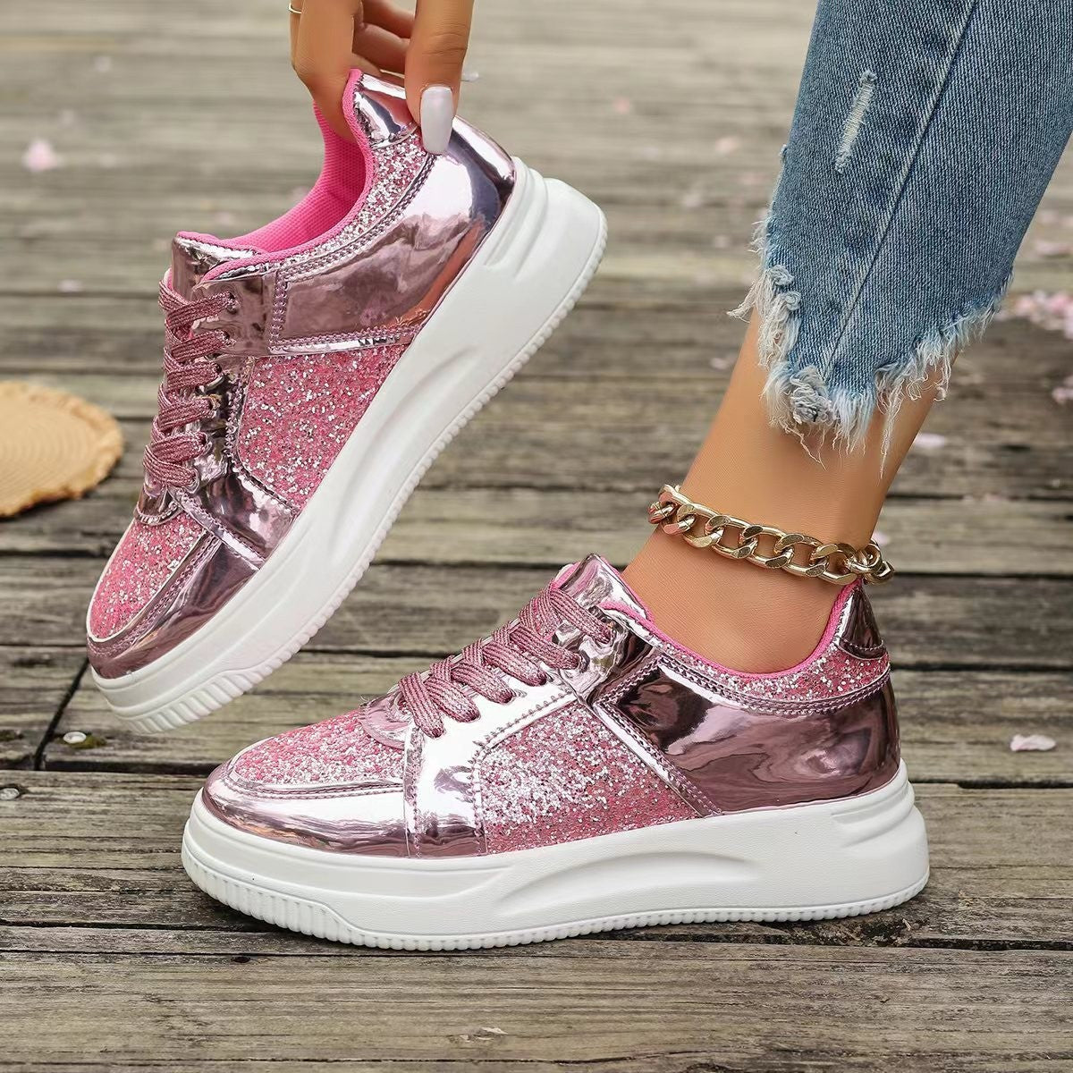 Marie – Lace-Up Sneakers with Sequins and Non-Slip Sole