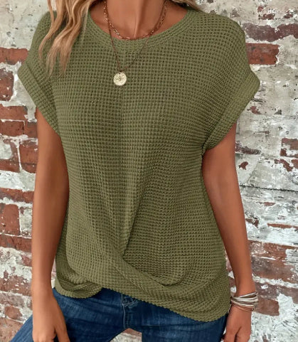 Katy – Short Sleeve Waffle Knit Shirt in Solid Colors