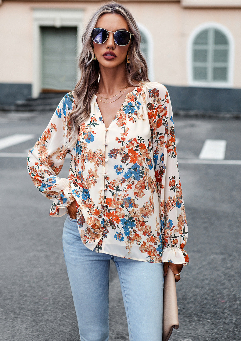 Karen – Elegant Women's Blouse with Floral Print and V-Neck