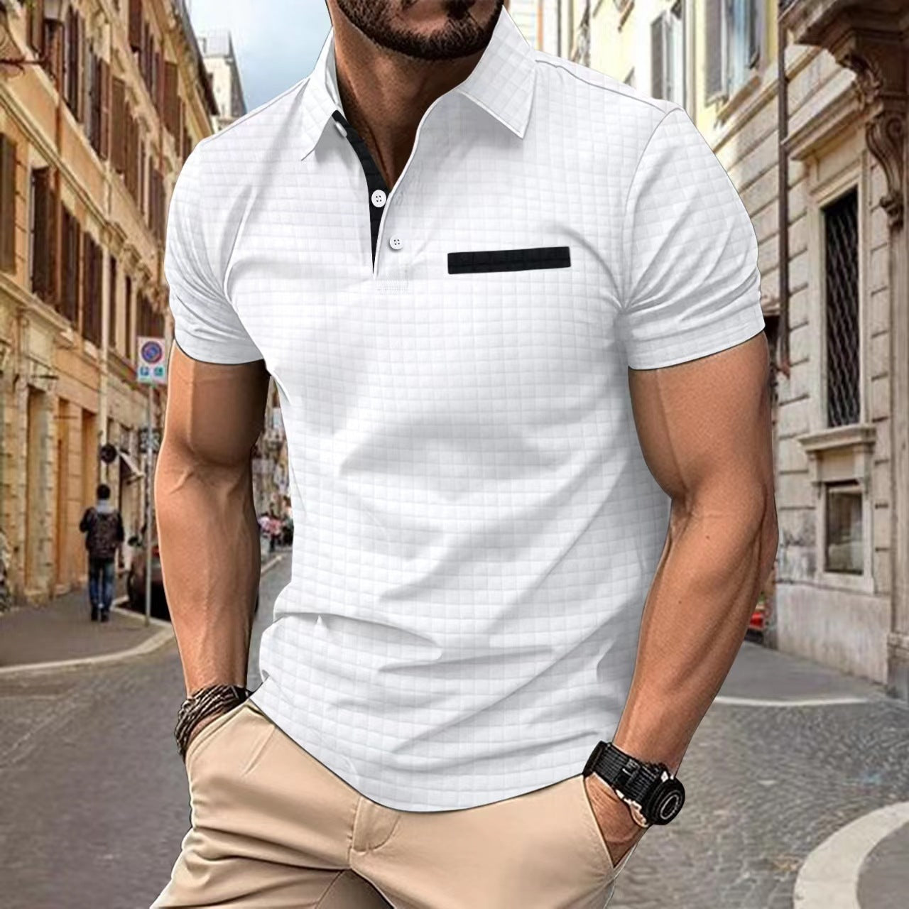 David – Men's Polo Shirt with Jacquard Check Pattern
