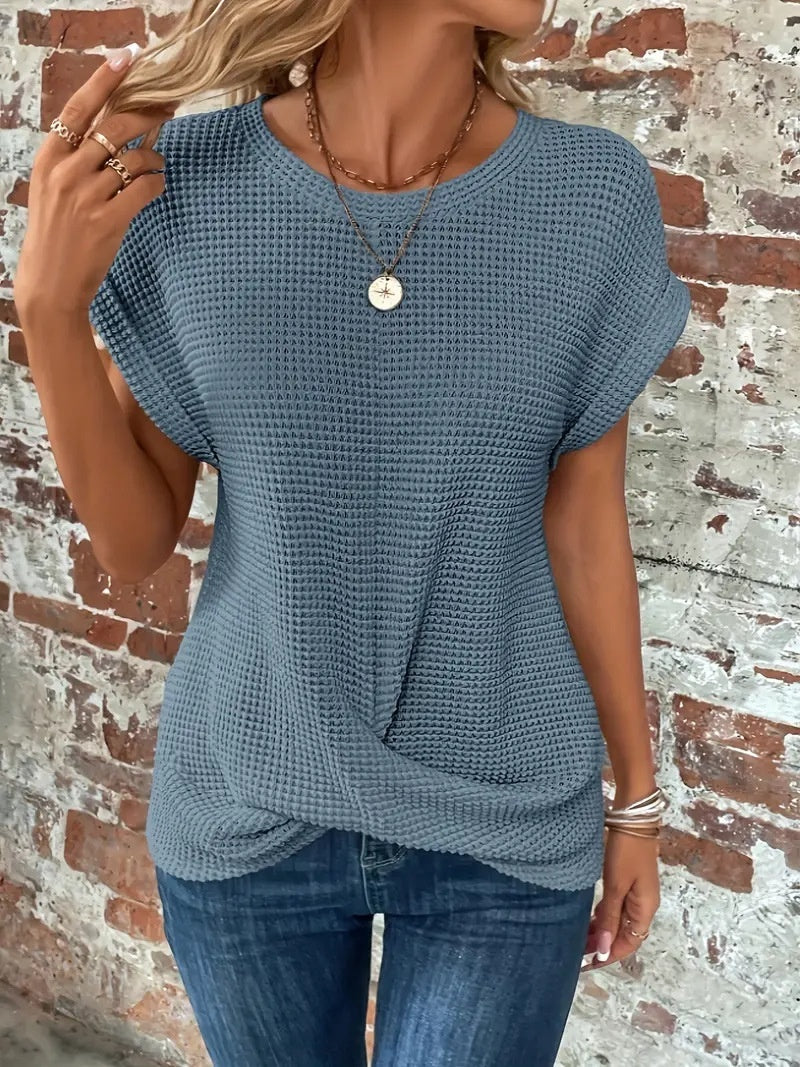 Katy – Short Sleeve Waffle Knit Shirt in Solid Colors