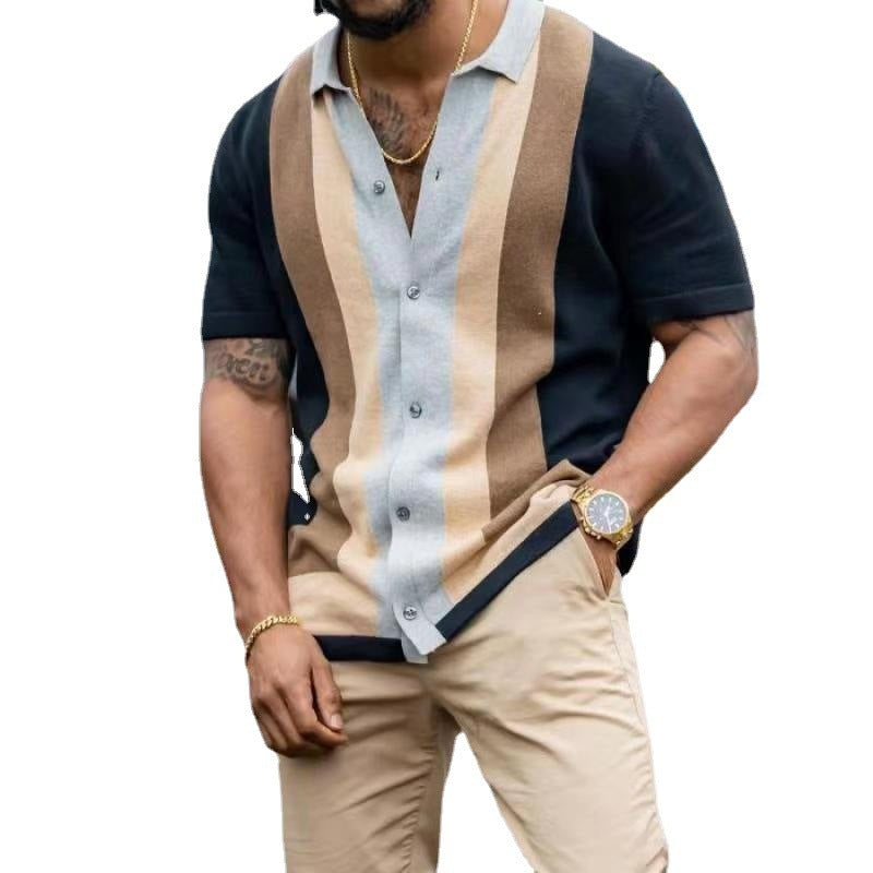 Steve – Striped Men's Casual Short Sleeve Knit Cardigan T-Shirt
