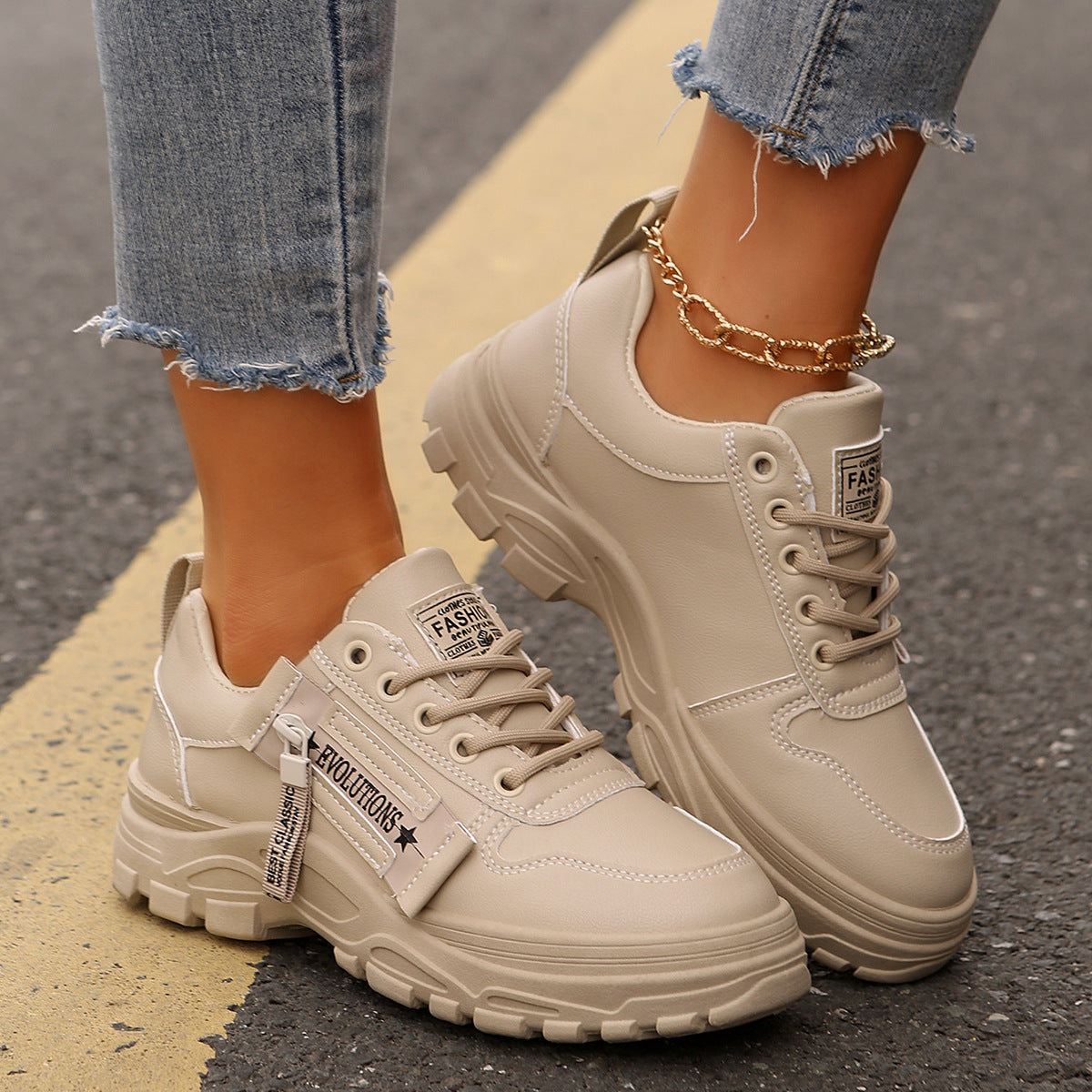 Gillian – Lace-Up Sneakers with Side Zipper and Thick Sole