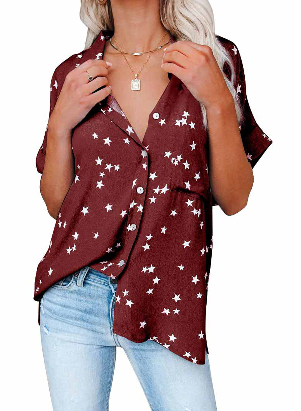 Lucy – Short V-Neck T-Shirt with Star Pattern