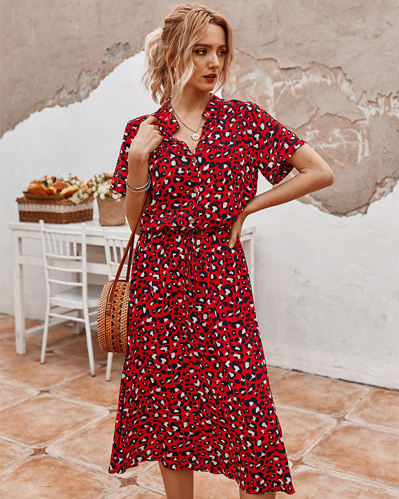 Sara – Short Women's Dress with Wave Dot Pattern and Collar