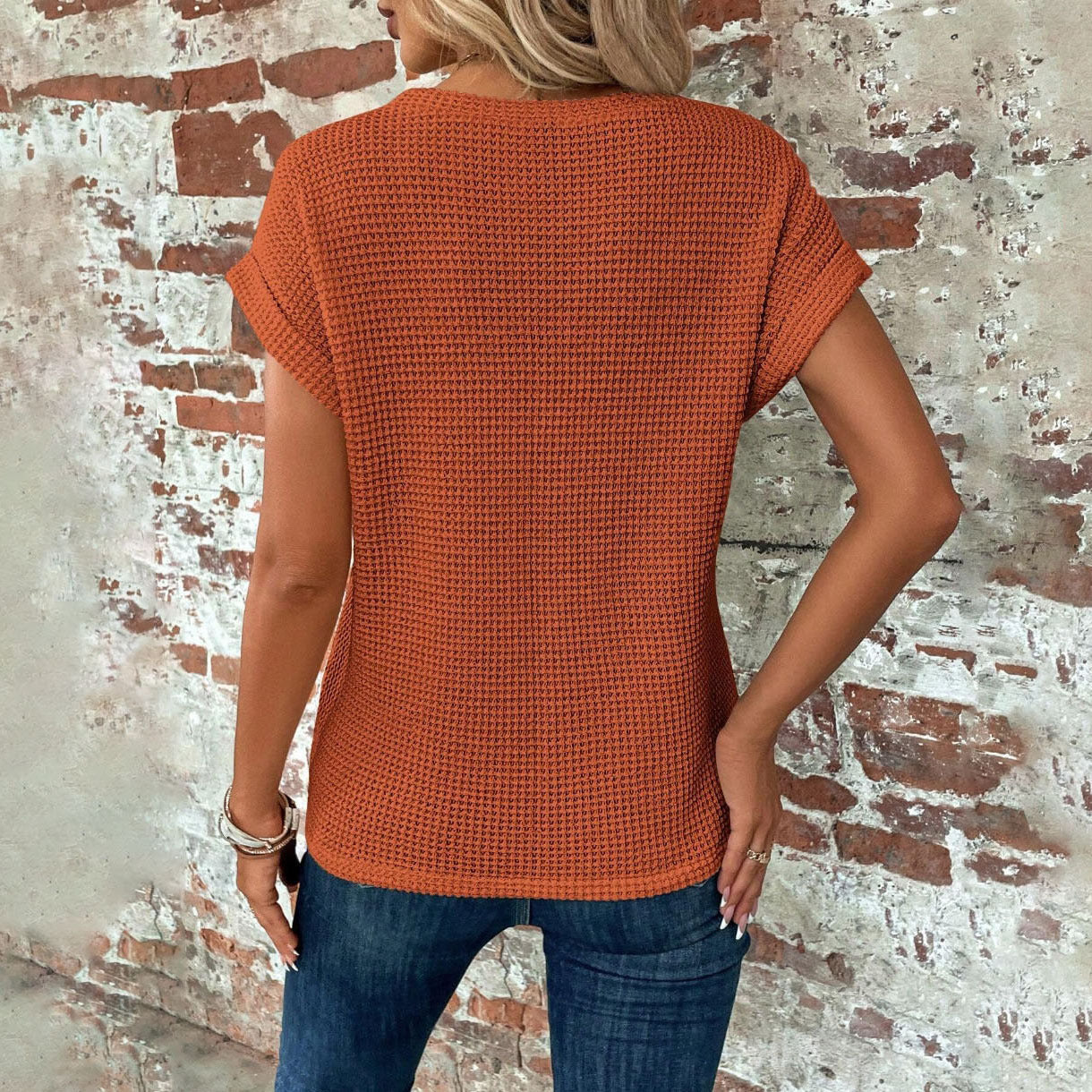 Katy – Short Sleeve Waffle Knit Shirt in Solid Colors