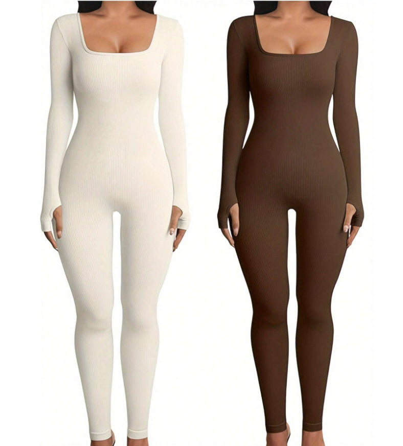 Hannah – Stylish Fitness Jumpsuit with Long Sleeves and Square Neckline