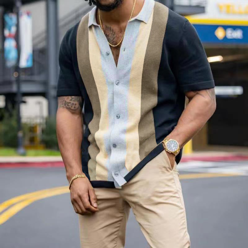 Steve – Striped Men's Casual Short Sleeve Knit Cardigan T-Shirt