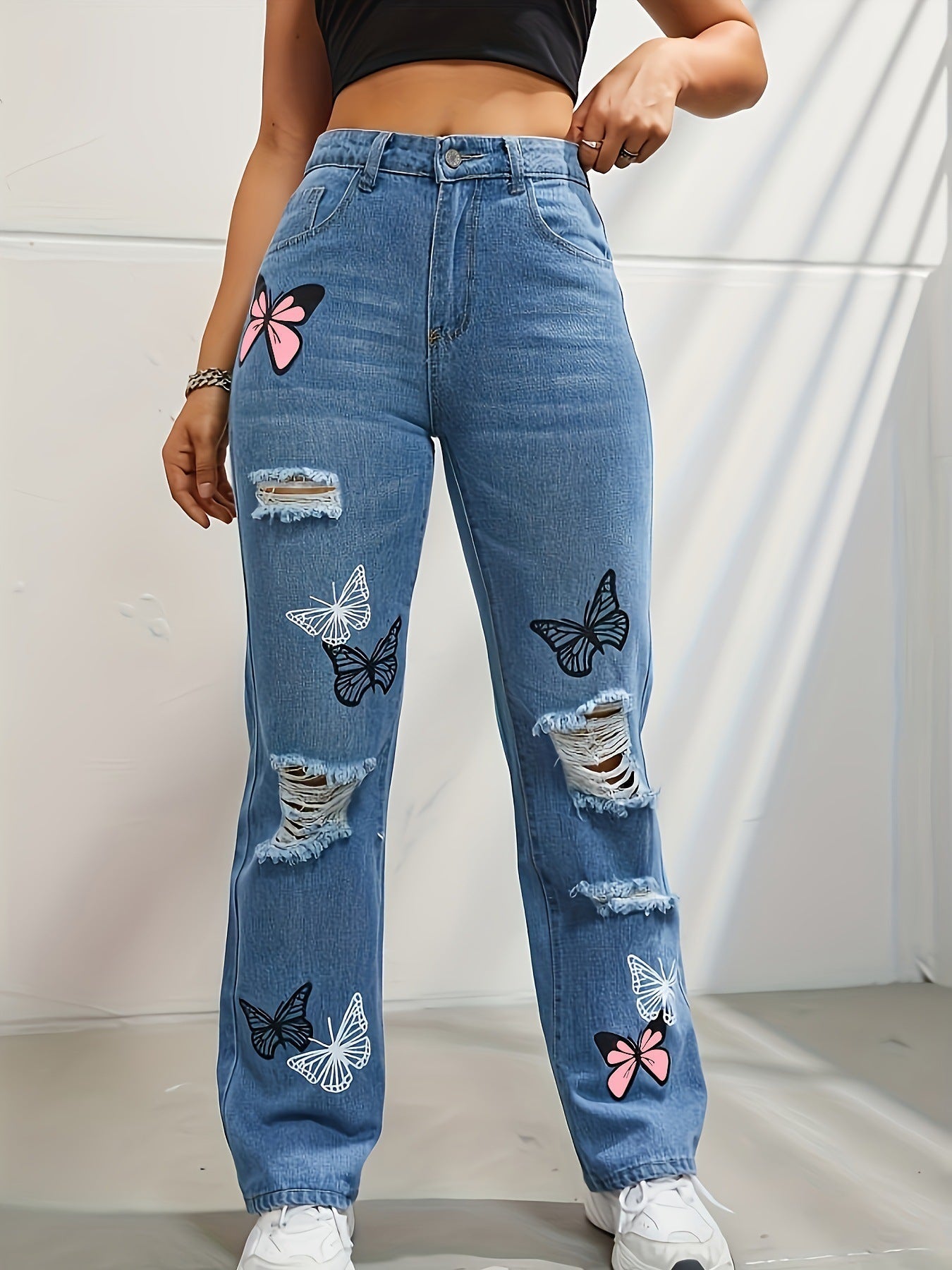 Lily – High-Waisted Jeans with Butterfly Print