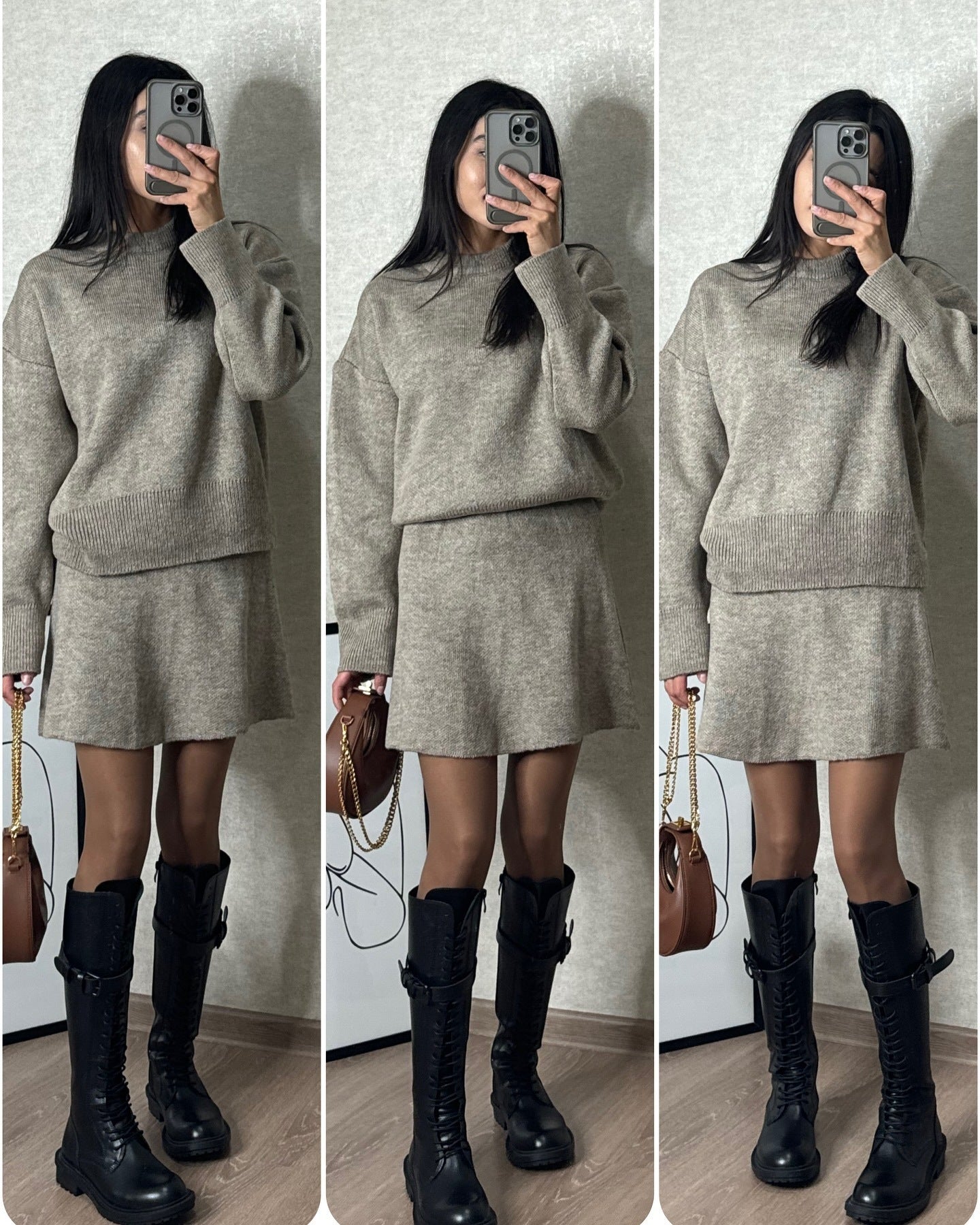 Heather – Elegant Knit Set with Skirt for Women, Two-Piece Long Sleeve