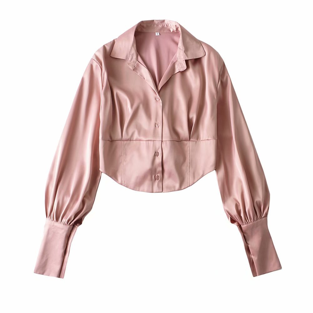 Lydia – Women's Satin Shirt with Lace-Up and Lantern Sleeves