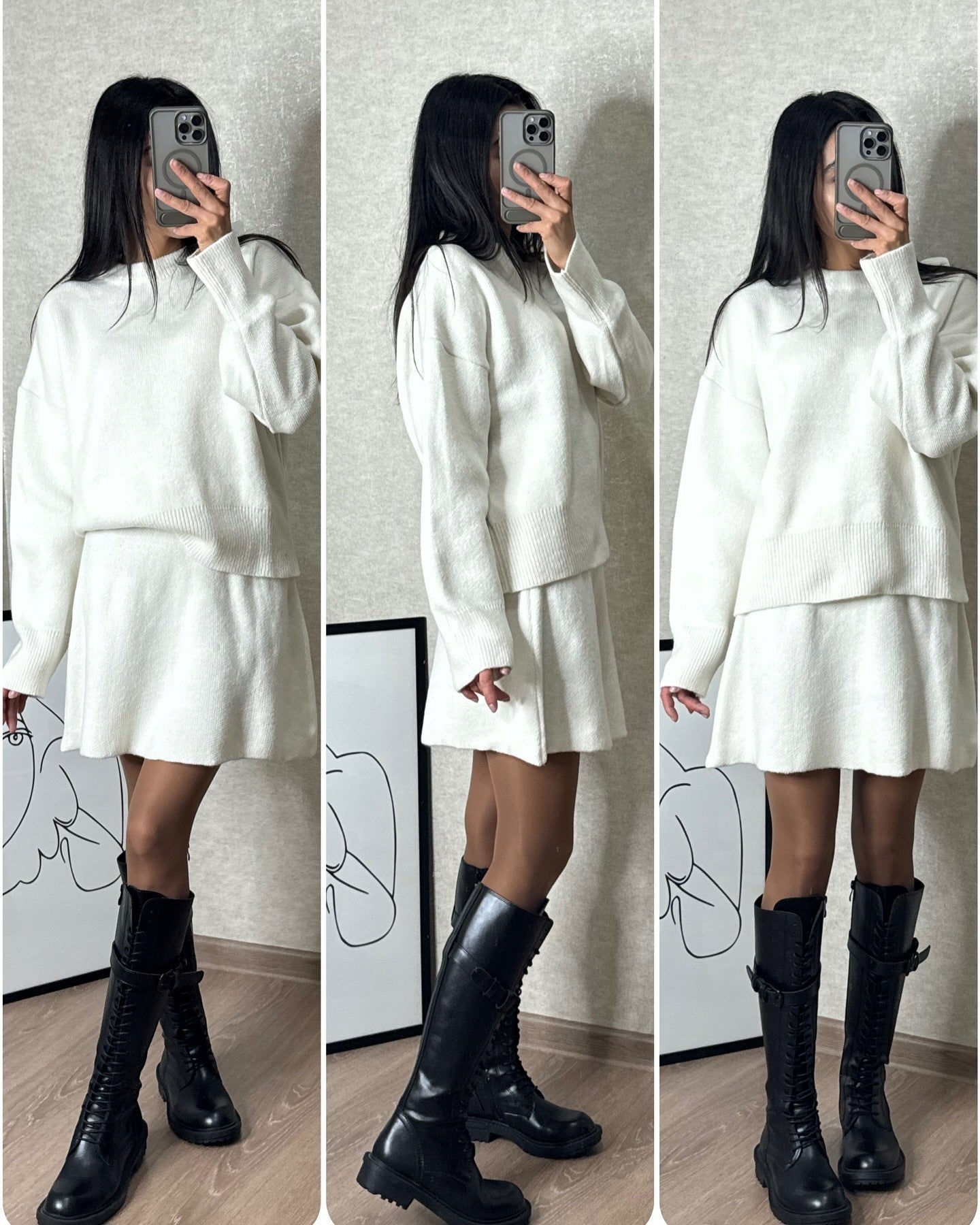 Heather – Elegant Knit Set with Skirt for Women, Two-Piece Long Sleeve