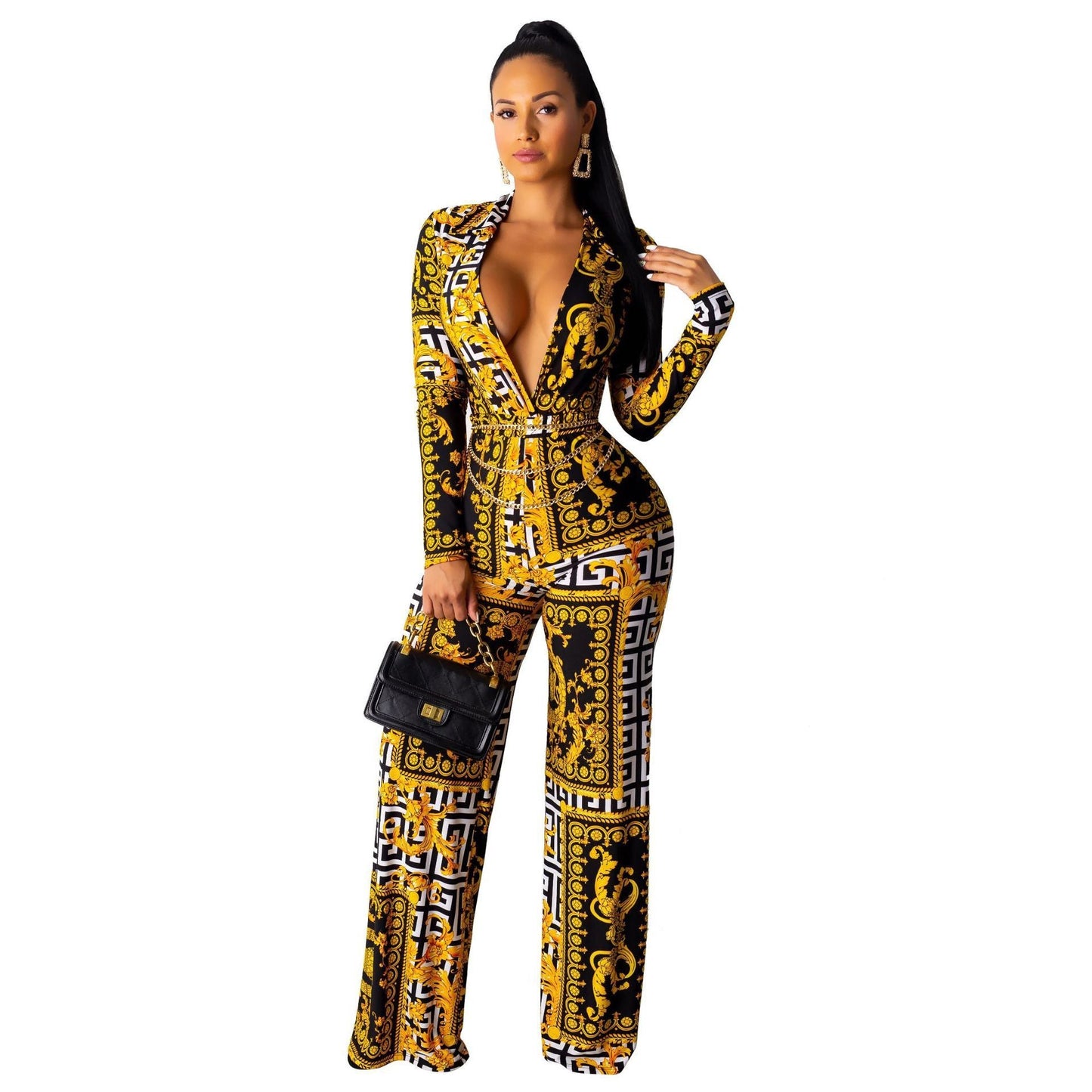 Deborah – Long Sleeve V-Neck Jumpsuit with Digital Print