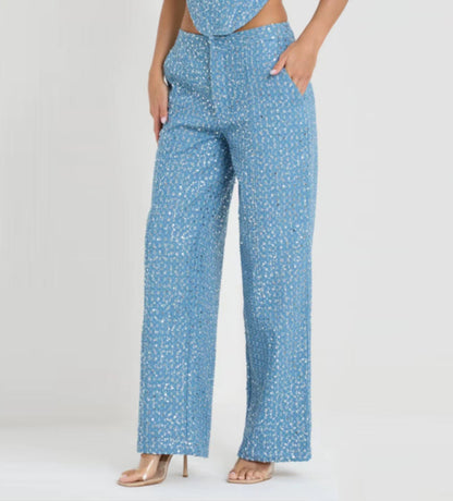 Melanie – Fashionable Denim Sequin Tube Top with Wide Pants