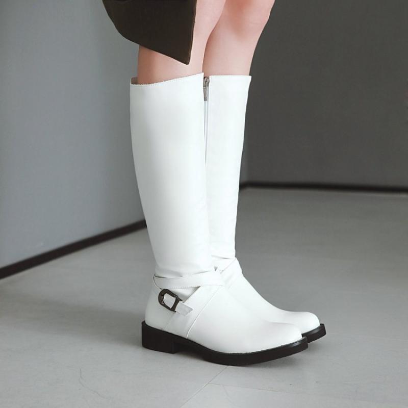 Catherine – Flat Knee-High Vegan Leather Boots with Buckle