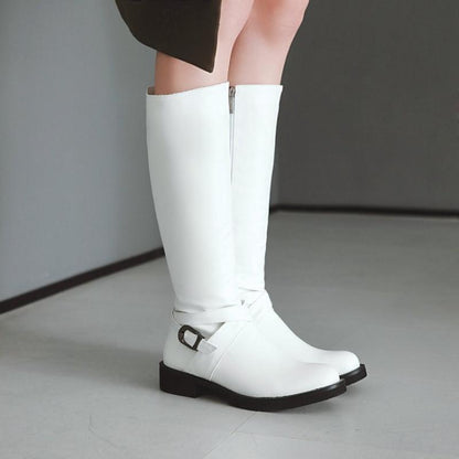 Catherine – Flat Knee-High Vegan Leather Boots with Buckle