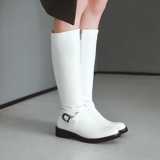 Catherine – Flat Knee-High Vegan Leather Boots with Buckle