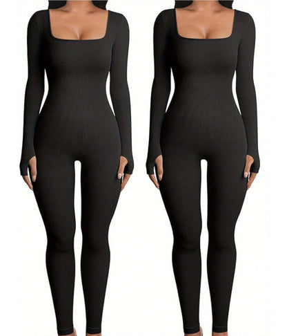 Hannah – Stylish Fitness Jumpsuit with Long Sleeves and Square Neckline