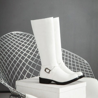 Catherine – Flat Knee-High Vegan Leather Boots with Buckle