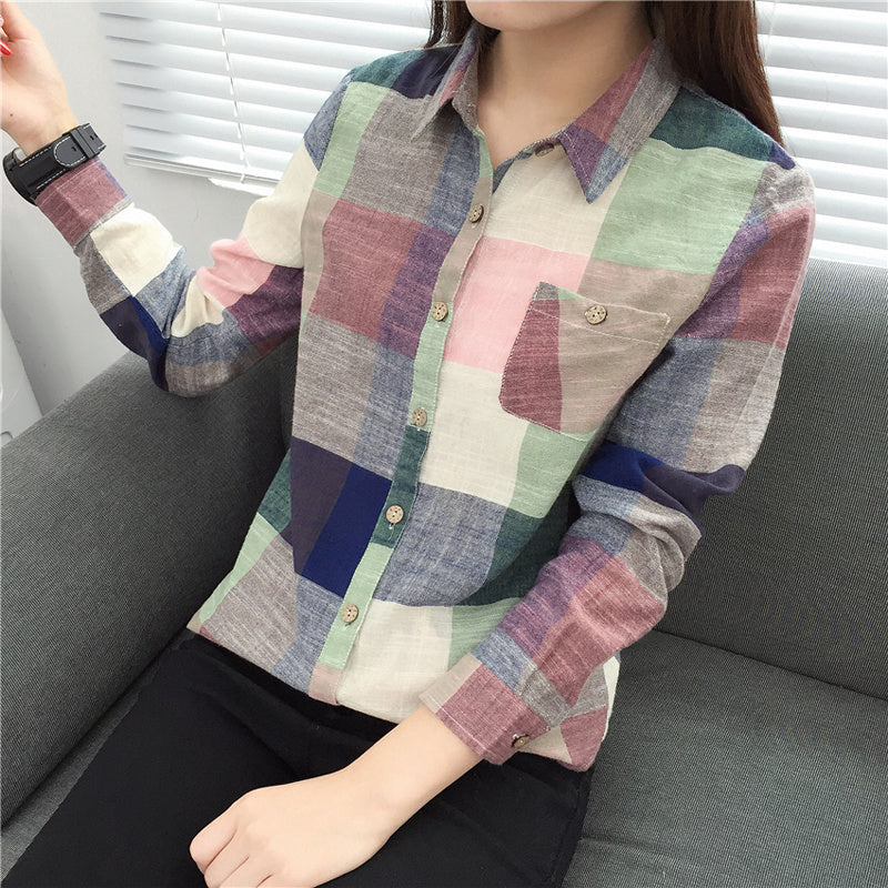 Sharon – Vintage Plaid Blouse in Linen and Cotton with Long Sleeves