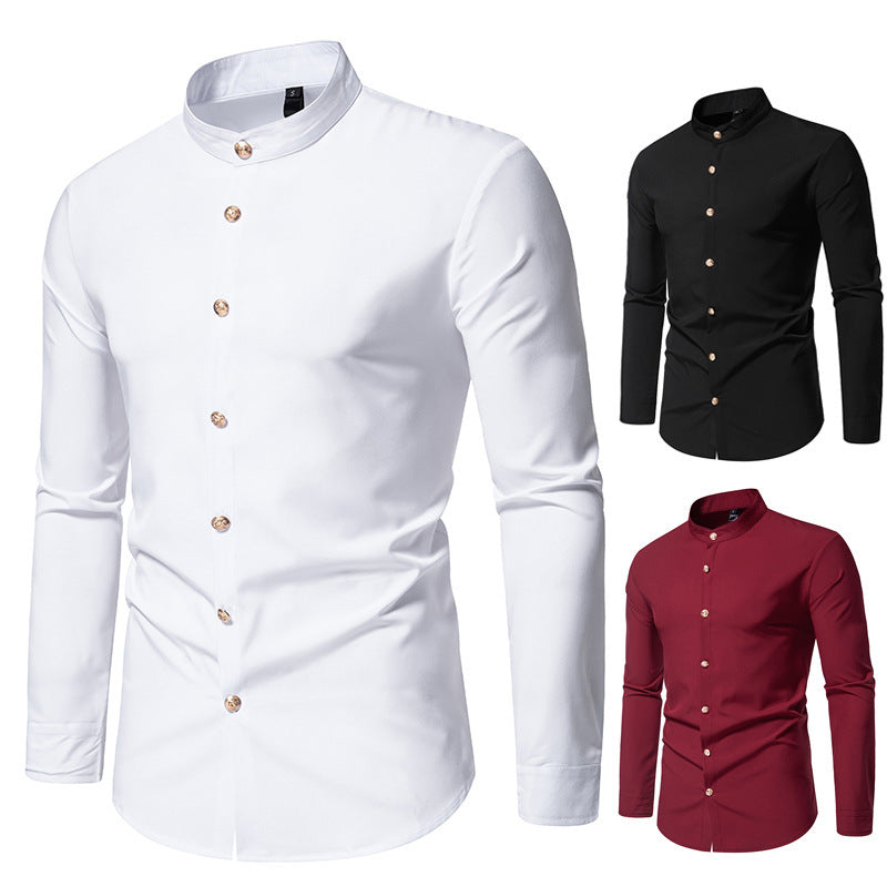 Ben – Men's Solid Party Shirt with Metal Buttons and Long Sleeves