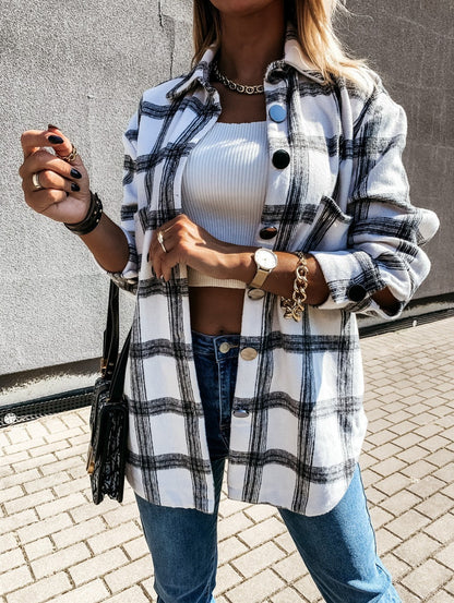 Catherine – Retro Plaid Long-Sleeve Shirt Jacket