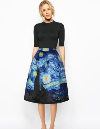 Tanya – Flared Mini Skirt with 3D Van Gogh Starry Night Print